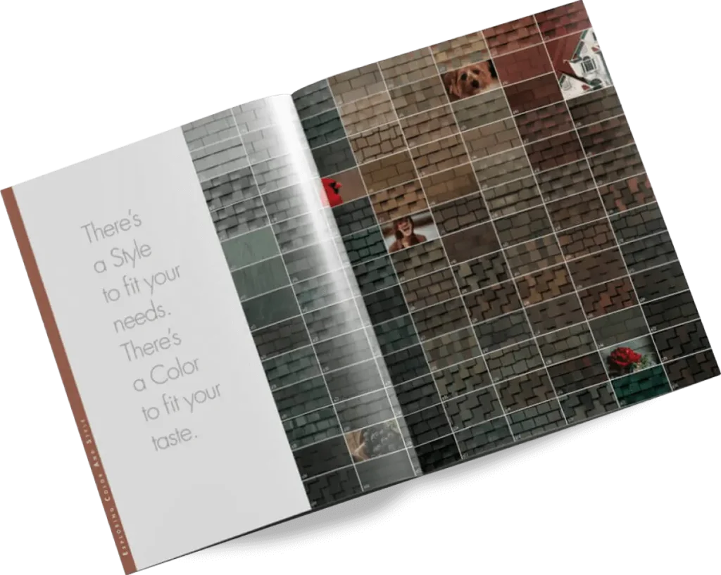 Open brochure displaying a selection of roofing shingle styles and colors, with a grid layout of various gray, brown, and red shingle options on the right page.